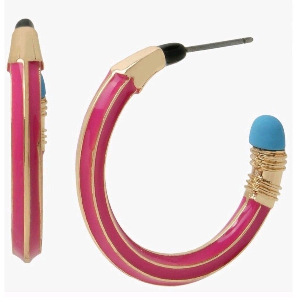 Betsey Johnson Book Smart Pink  Enamel Pencil Hoop Earrings New